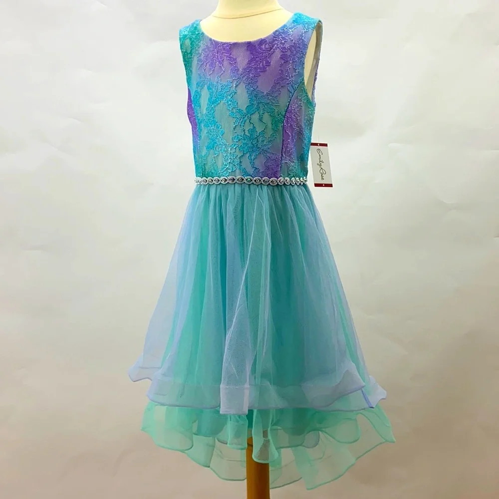 Boutique Emily Rose Hi Lo Rhinestone waistline tie ribbon‎ back w/ zipper